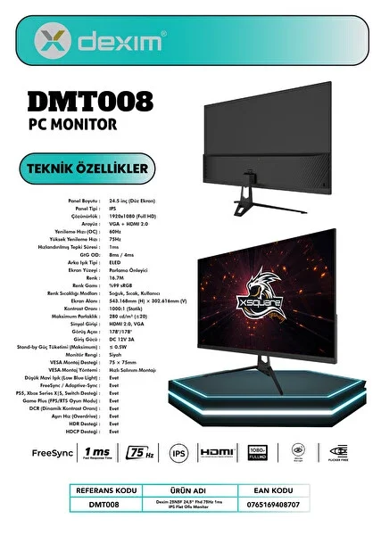 DEXIM DMT008 24.5" Full HD IPS 75Hz 1ms Gaming Monitör görsel 2